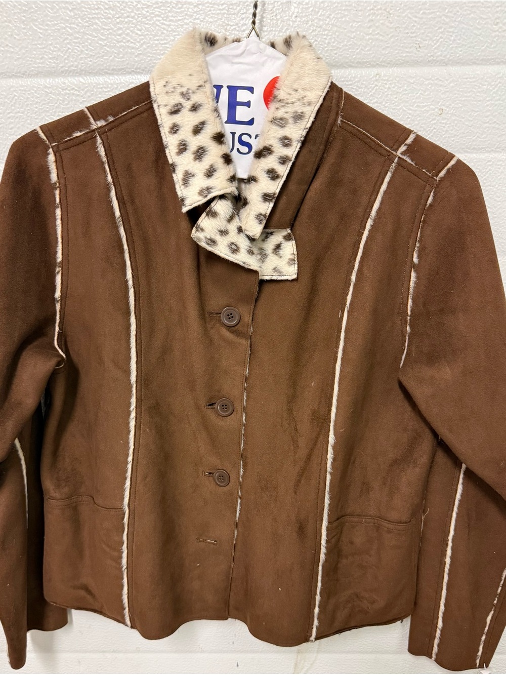 Women's Brown Faux-Suede Jacket with Leopard-Print Collar